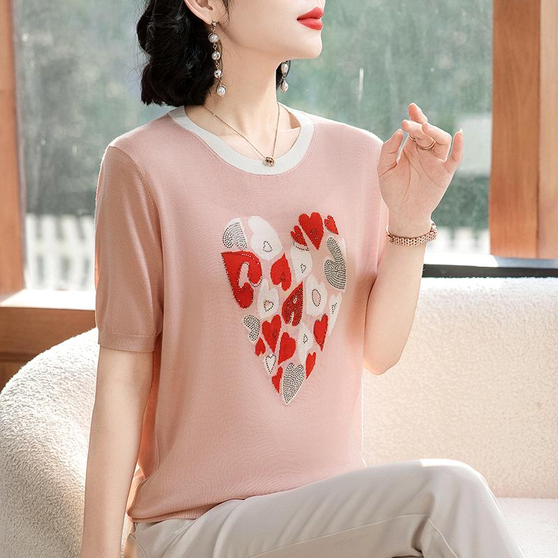 

2026 Summer Women s Ice Silk Knit Slimming Round Neck Short Sleeve Top XL (Recommended for 100-110 Jin) розовый