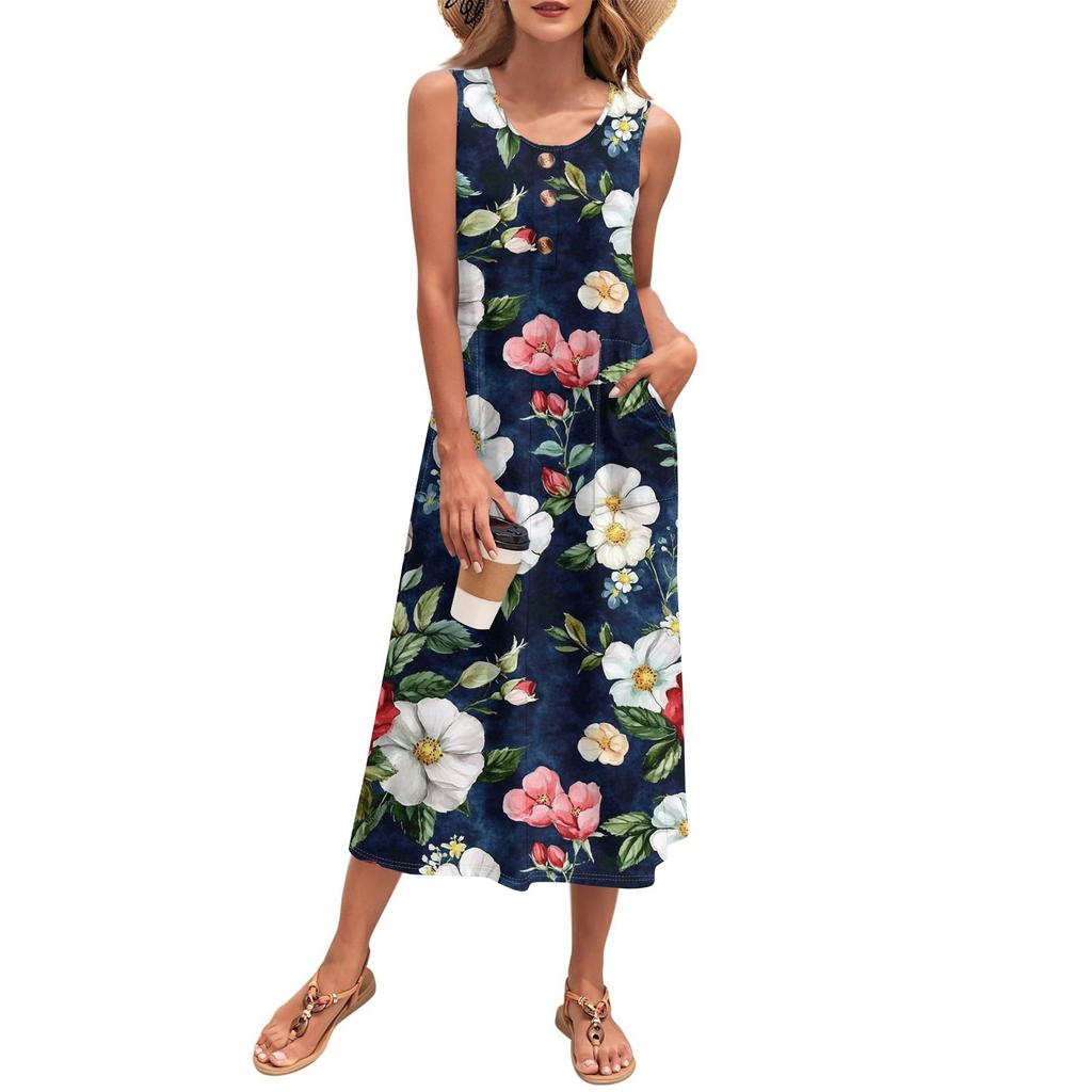 Women's Summer Maxi Dress Sleeveless Button Down Casual Loose Long Beach Sundress Travel Vacation Outfits