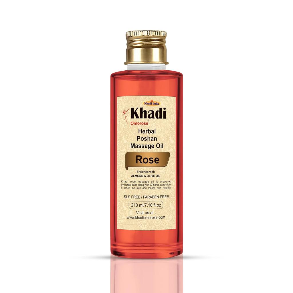 Khadi Omorose Rose Massageöl (Angereichert mit Mandelöl, Olivenöl, Jojobaöl, Sesamöl und Vitamin E)-210ml