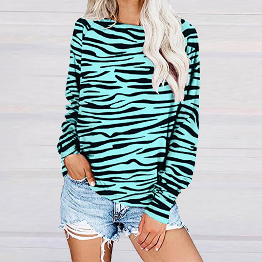 Fashion Women Loose Leopard Stripes Printed Blouse Long Sleeves T-Shirt Tops