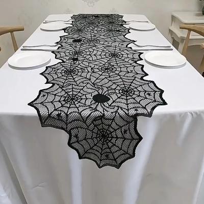 Dekoracja Halloween 2025 Koronkowa Pajęczyna Szkielet Czaszka Obrus Czarny Szalik na Kominek Akcesoria na Imprezy