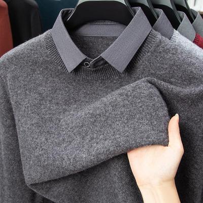 Men's 100% Wool Faux Two-Piece Sweater with Shirt Collar - Warm Knitwear for Autumn/Winter