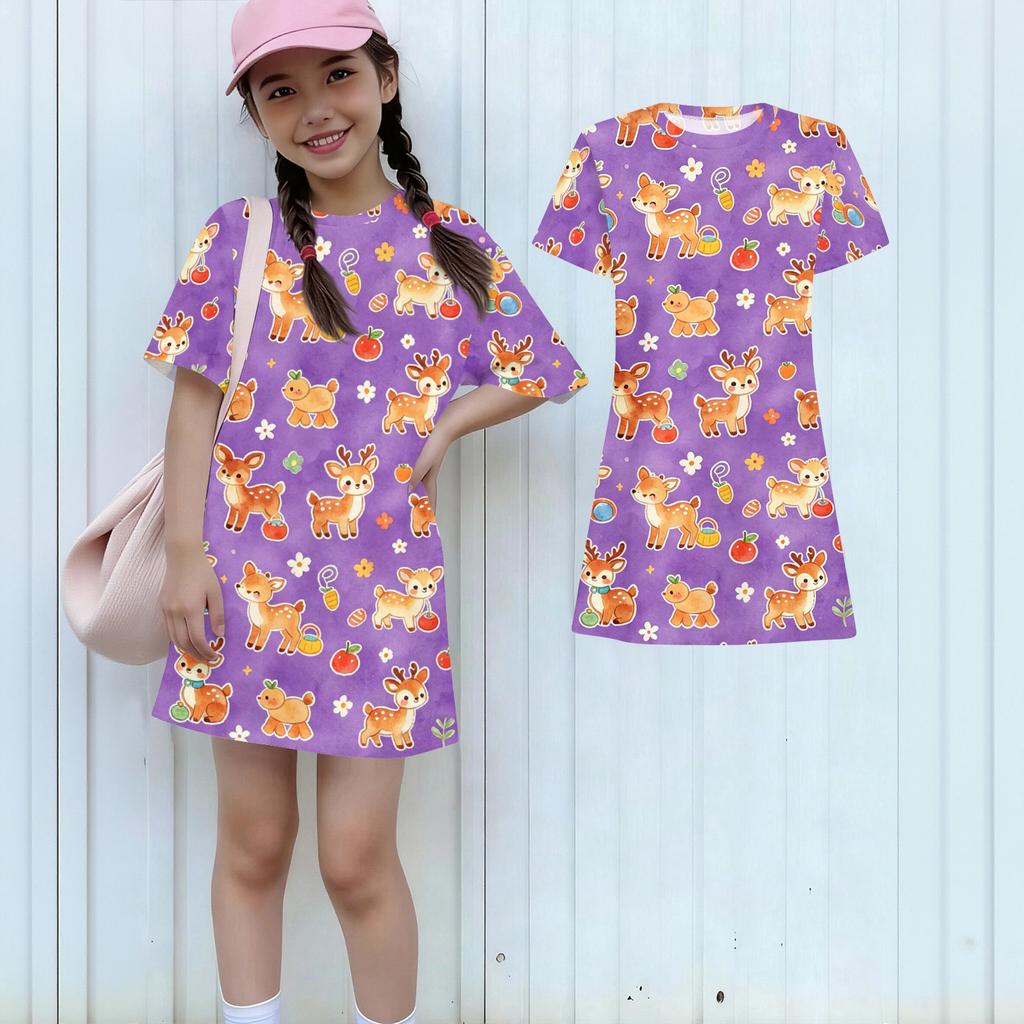 Girls Loose Fit Short Sleeve Dress Lightweight Round Neck Casual Dress with Animal Print Pattern for Kids Summer Wear