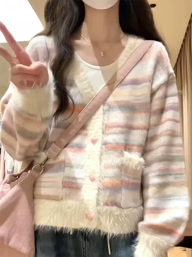 Woman Colorful Striped V-neck Sweaters Swee Lovely Women's Loose Long Sleeved Cardigan Autumn Versatile Comfortable Lady Sweater Coat