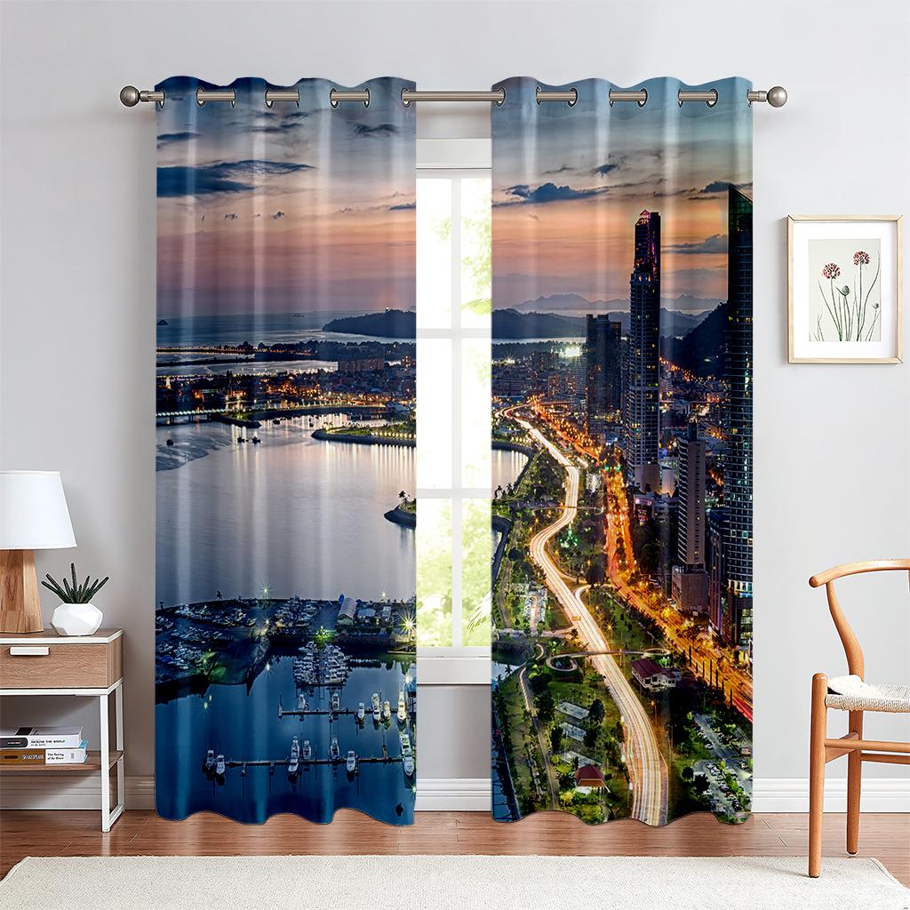 Stadtgebäude 3D-gedruckte Vorhänge Straßenansicht Flussblick Schwarzweiß Handgemalt Industriestil Wohnzimmer Vorhänge 2 Stück