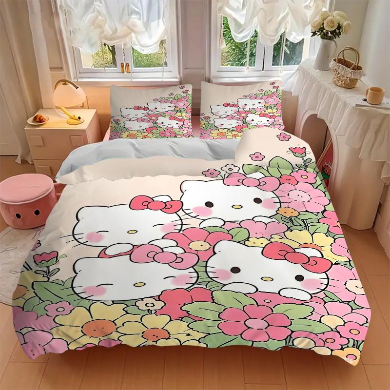 3pcs Hello Kitty In a Field of Flowers Pattern Bedding Three-Piece Set (1 Cover + 2 Pillowcases, No Fillings), This Printed Bedding Set Is S