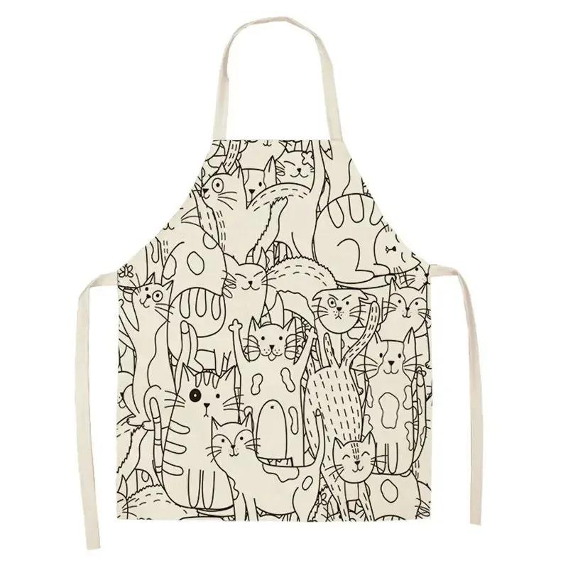 Lovely Cartoon Cats Kitchen Aprons for Women Cotton Linen Bibs Household Cleaning Pinafore Home Cooking 55x68cm
