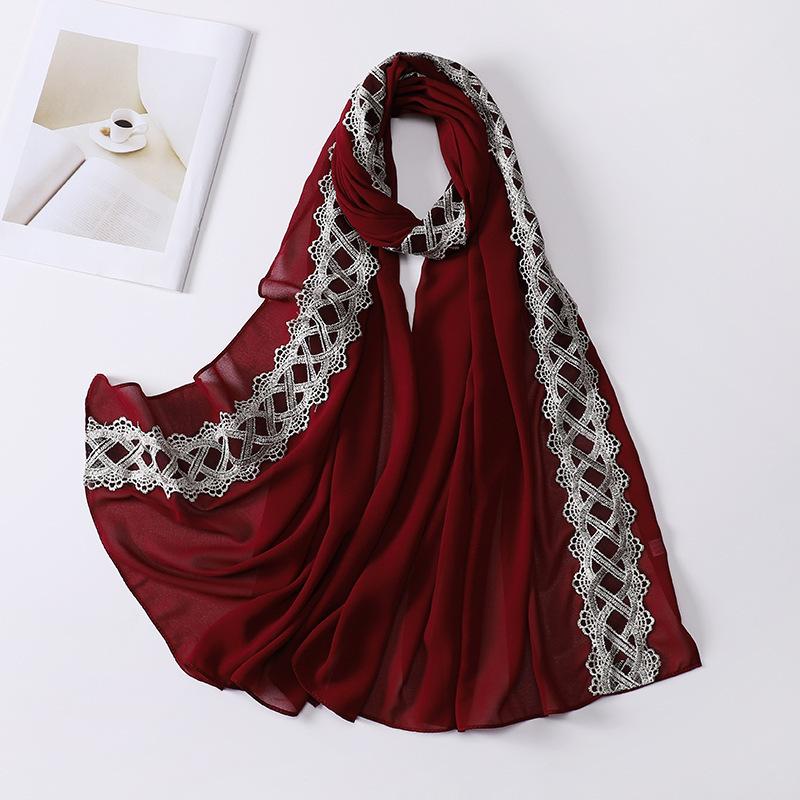 Muslim Women Chiffon Scarves with Lace Side Embroidered Chiffon Hijabs Lace Plain Hijab Patches Decoration