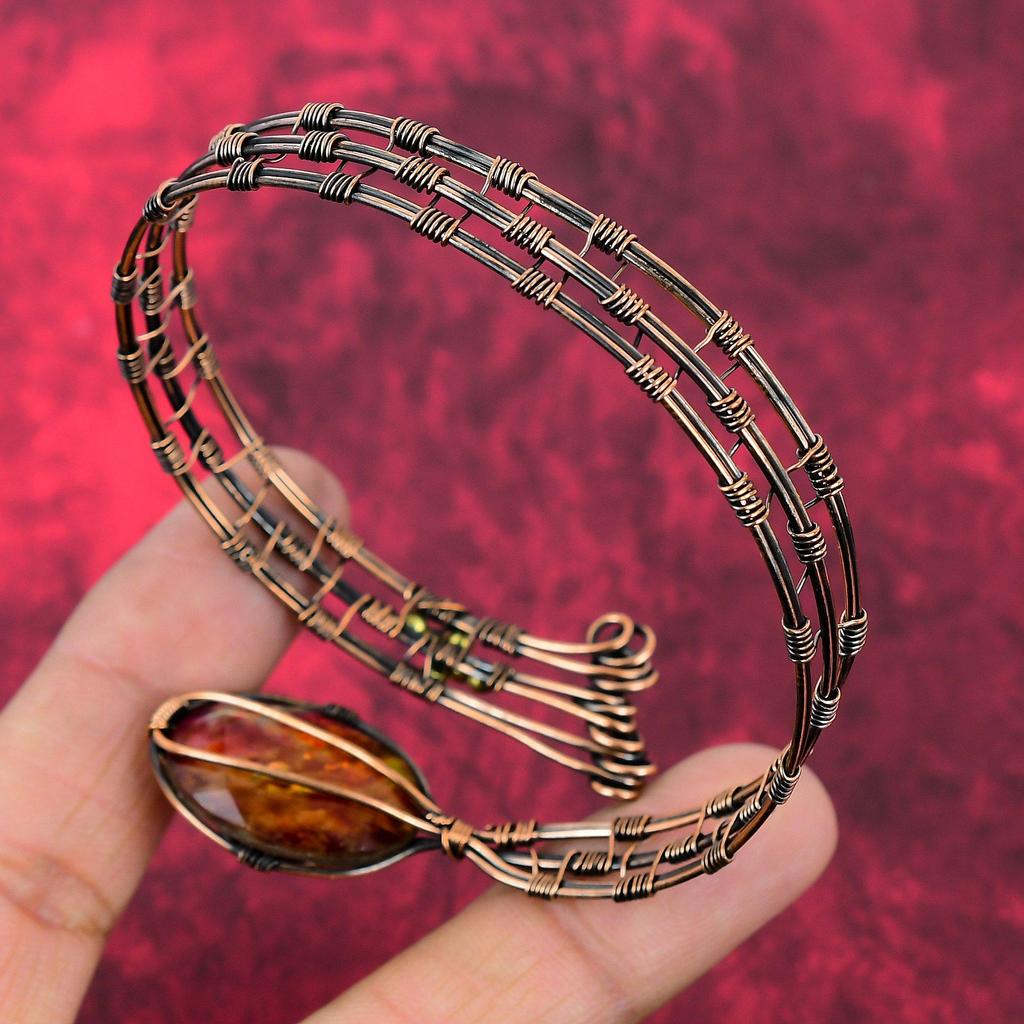 Faceted Ammolite Cuff Bracelet Copper Wire Wrapped Bangle Gemstone Adjustable Cuff Bracelet Handmade Bangle Copper Jewelry Engagement Gifts