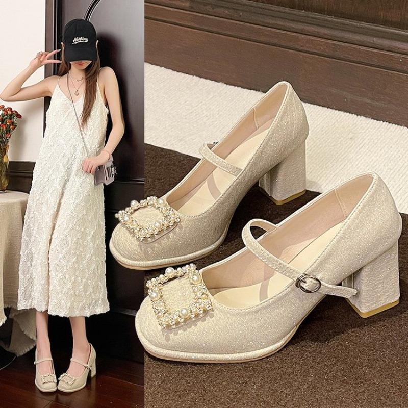 Women's Mary Jane Shoes Square Heel Rhinestones Pearl High Heels Women Dress Party Square Toe Fairy Style Zapatillas De Mujer