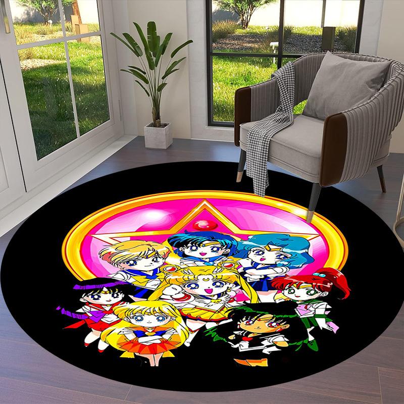 1pc Sailor Moon Characters Group Round Carpet, Made of Polyester,Perfect for Decorating Office Chairs, Living Rooms, A Vibrant Decorative Rug