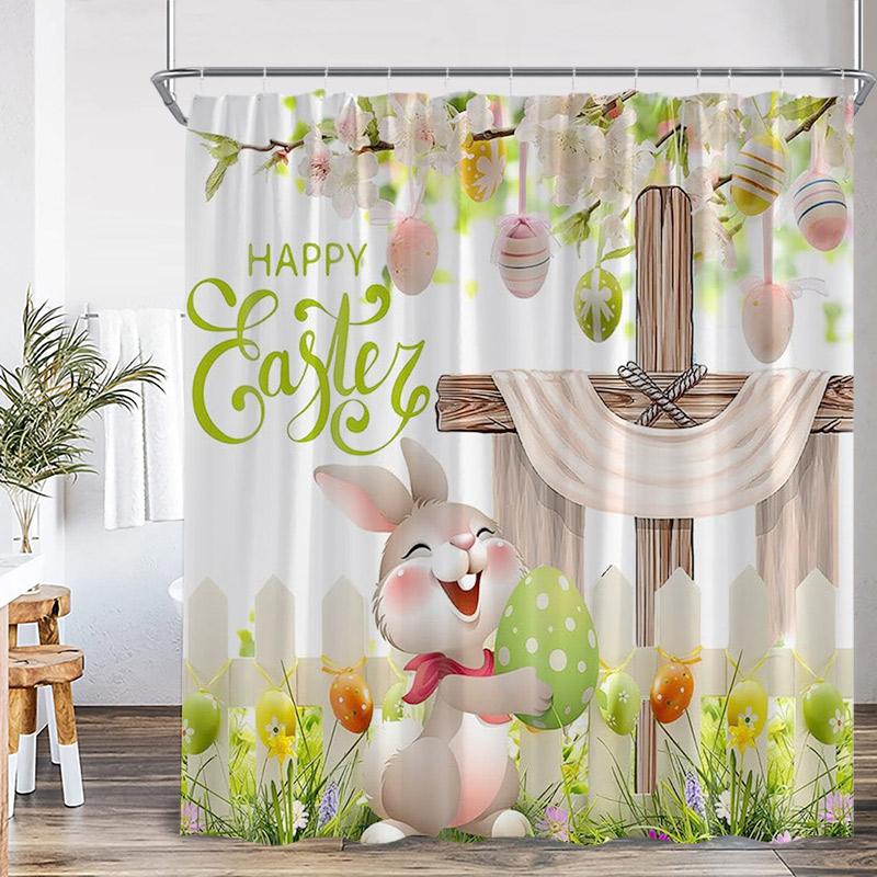 Spring Easter Bunny Shower Curtains Leaves Wildflower Watercolor Floral Rabbit Rustic Farmhouse Bathtub Bathroom Curtain Decor