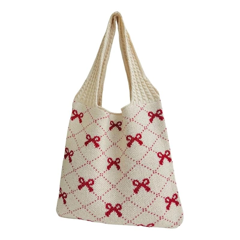 

[Qicarkey] fashion bowknot pattern crochet tote bag aesthetic bag summer beach/travel bag large capacity Y2K fairy grunge ladies Hobo bag (Beige with