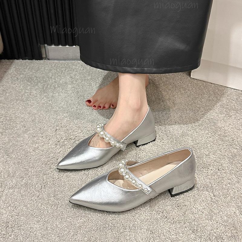 Elegant Pearl Buckle Mary Janes Flat Heels Women's Shoes Spring Summer Season Low Heel Comfortable PU Lined Rubber Soled Shoes