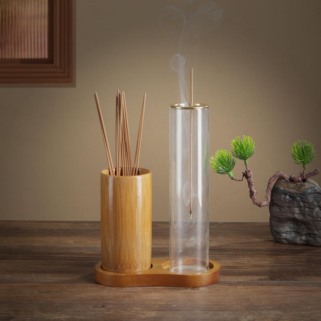 2 In 1 Incense Holder for Sticks Anti-Ash Flying Incense Burne with Glass Ash Catcher and Bamboo Incense Sticks Organizer