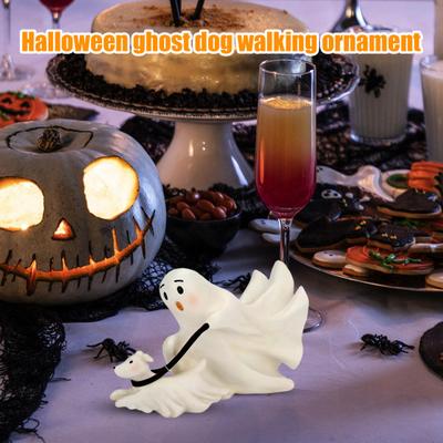 Halloween Ghost Walking Dog Statue Cute Ghost Dog Figurine Resin Ghost Sculpture Tabletop Ornament for Indoor Outdoor Decor