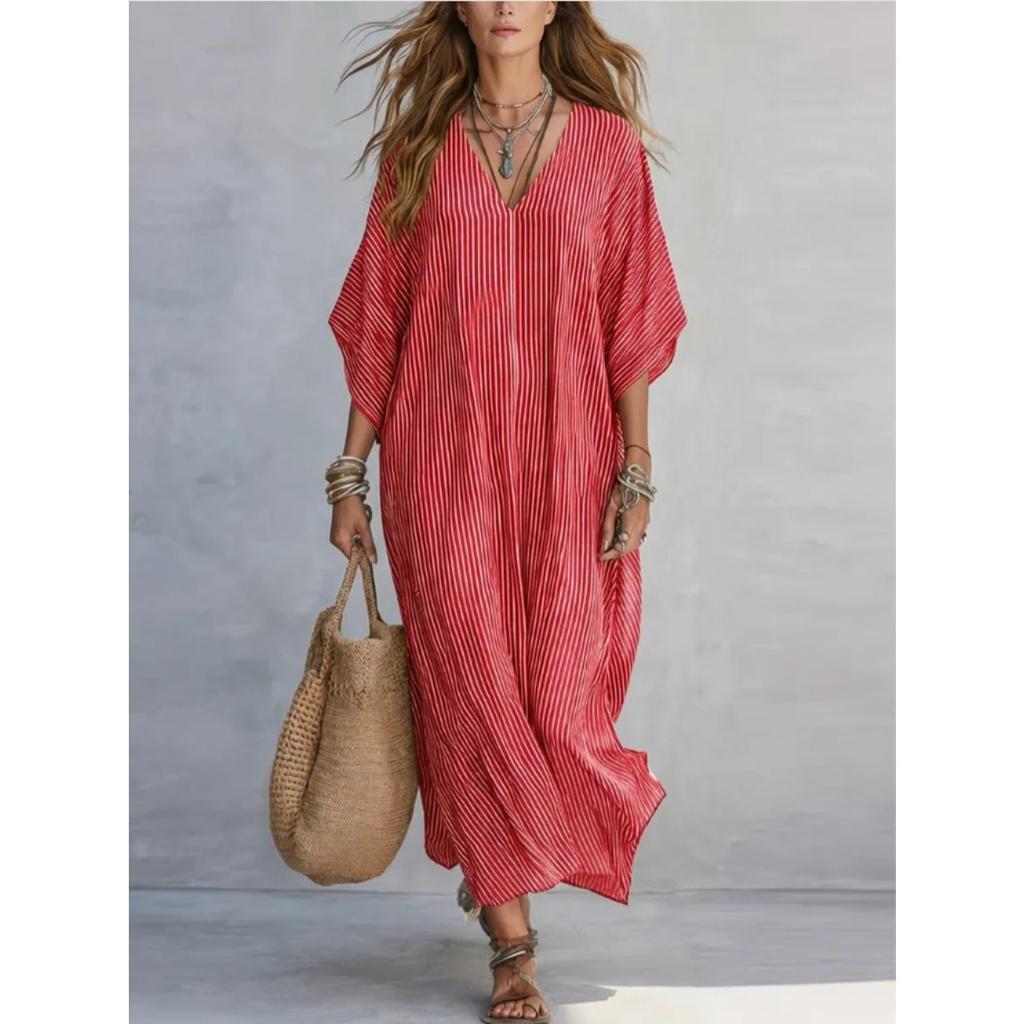 New Fashion V-neck Striped Loose Casual Long Dress for Women European American Vacation Dress