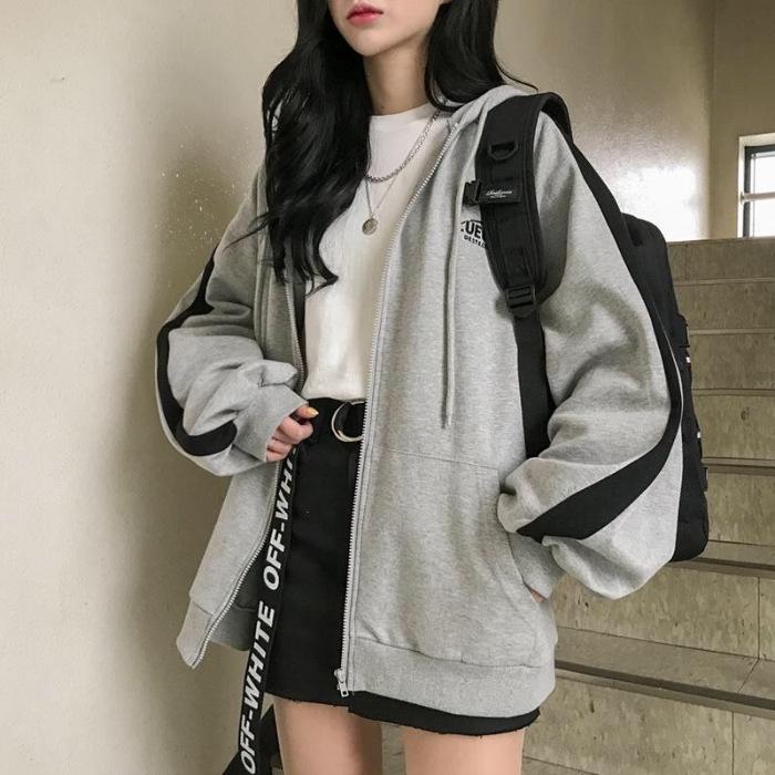 Korean Harajuku Style Women's Plus Velvet Hooded Sweatshirt - Embroidered Letter Zipper Jacket for Autumn/Winter 2022