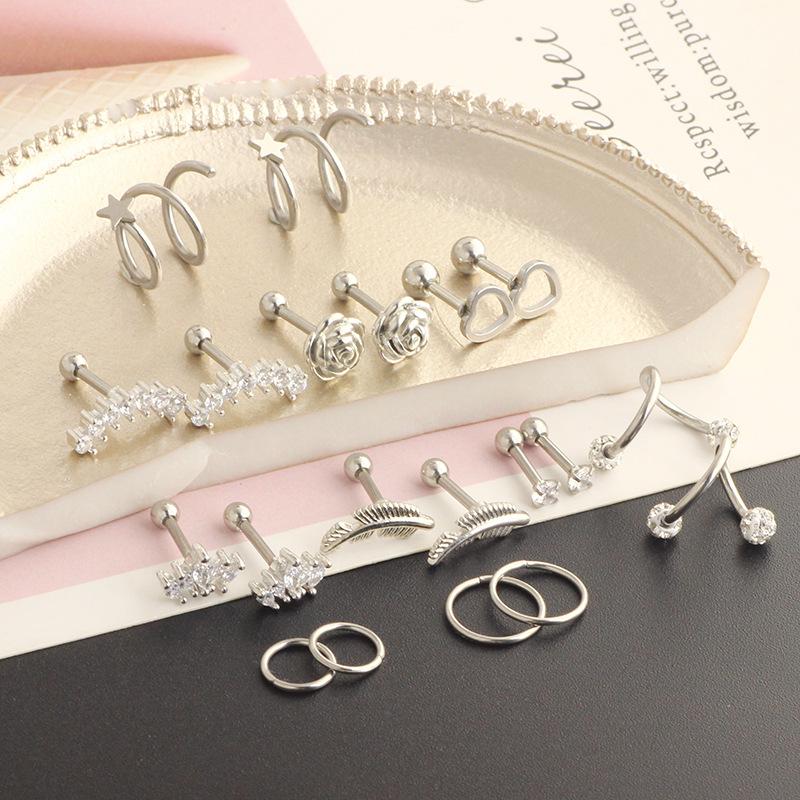 Stainless steel piercing accessories - simple earrings, ear clips, ear rings, ear barb hooks set