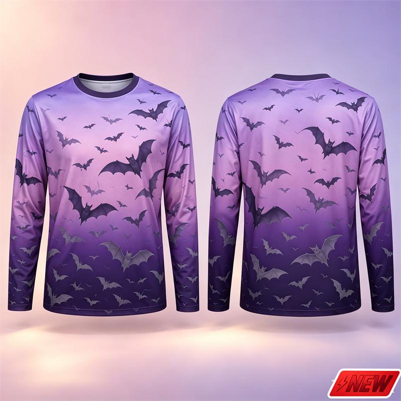 Gothic Bat Pattern Long Sleeve T Shirt Men Halloween 3D Print Gradient Horror Sky Flying Bat Tee Casual Quick Dry New Top Unisex