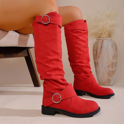 Fashion Women Ankle Boots Belt Buckle Cotton Shoes Women Autumn Winter Thick Heel Long Boots Western Style Pleated Flat Boots Women
