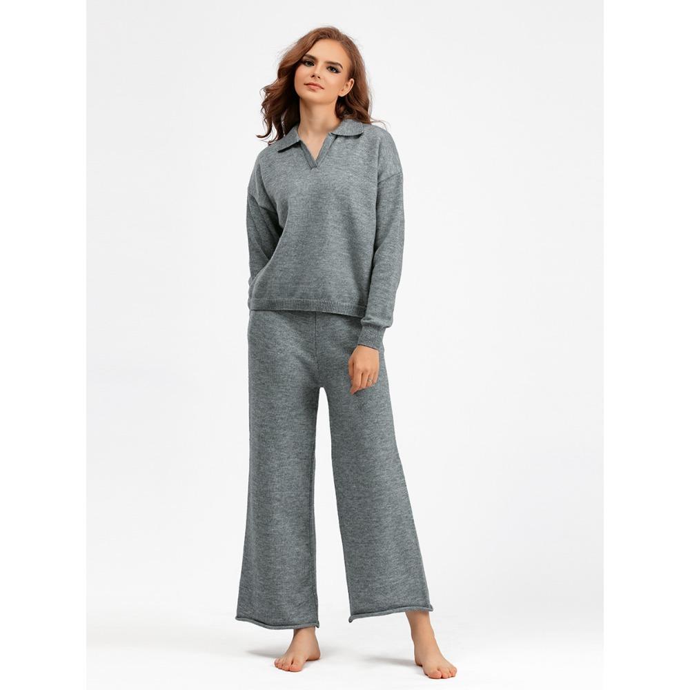 HNXC Autumn and Winter Knitted Set: Women's Loose Polo Neck Sweater, Wide-leg Pants, Elegant Two-piece Set