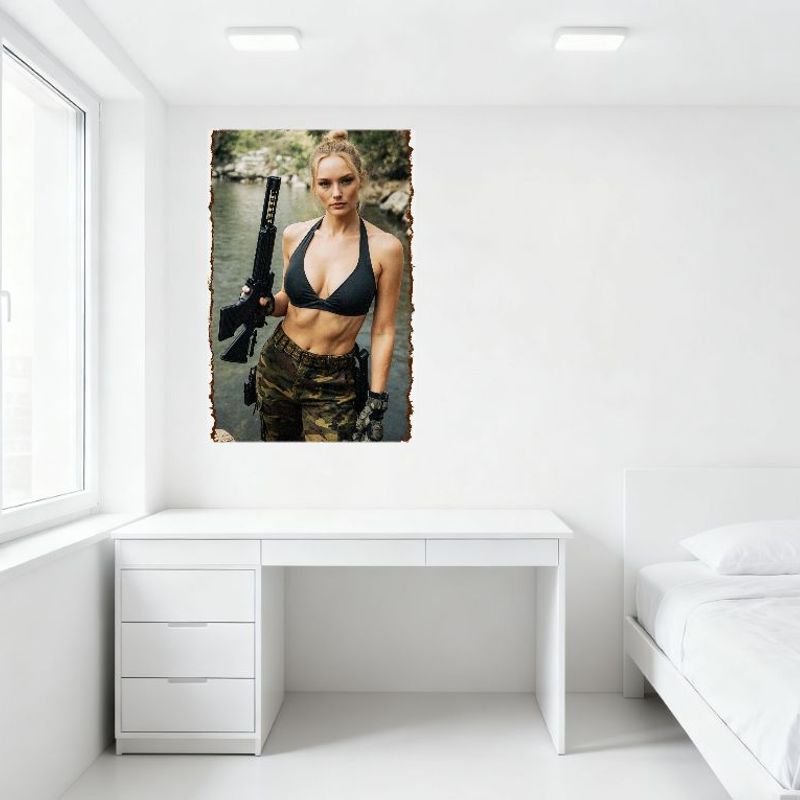Sexy Blonde Frau mit Pistole Blechschild Vintage Metallposter für Heimbar Pub Dekoration, Rustikaler Retro Rand, 8x12 Zoll Metallwandkunst