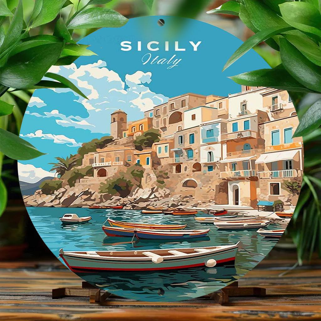 PC Sizilien Italien Küstenszene Rundes Aluminium Metallschild x cm Dekorative Kunstdruck für Zuhause Garten Vorgebohrt W