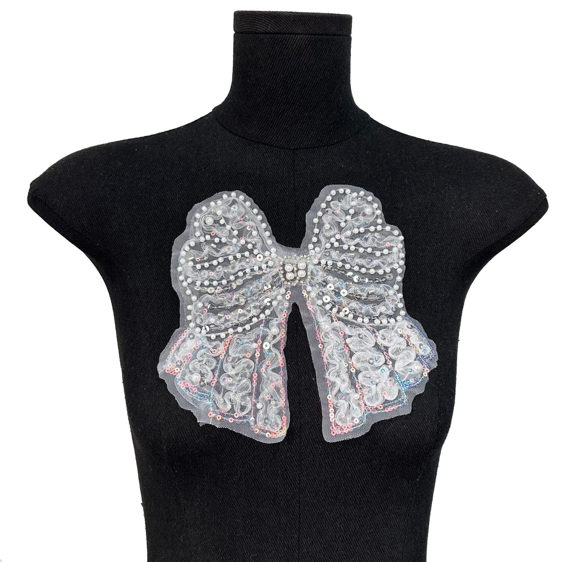 

Three-Dimensional Dream Pearl Mesh Sequined Bow Lace Cloth Sticker Bag Clothing Accessories Decorative Accessories H3011 White