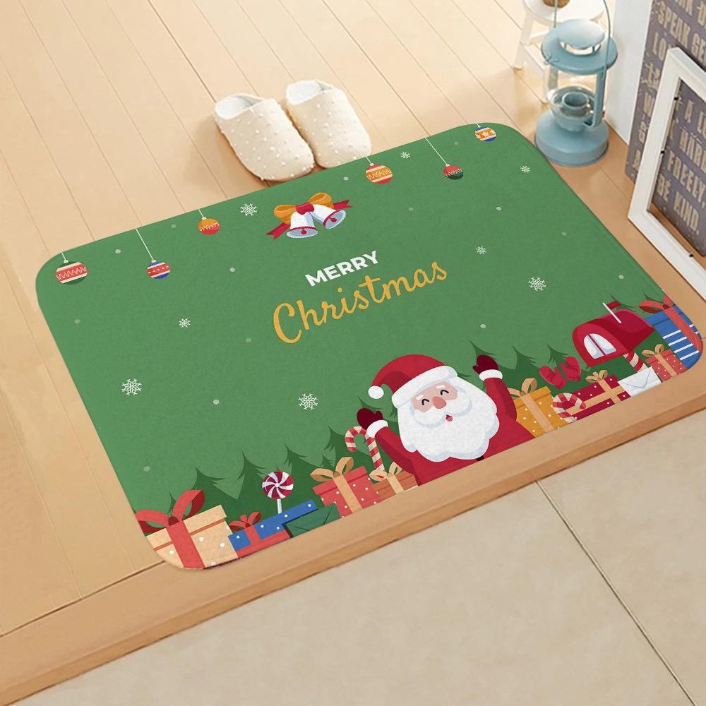 Christmas Themed Door Mat Santa Claus Snowman Gift Box Patterns Soft Non Slip Rug for Entryway Bathroom Xmas Decor