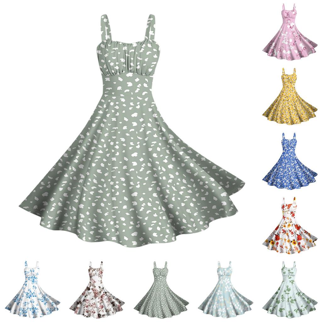 Damen Vintage Ärmellos Plissiert Patchwork Niedlich A-Linien Saum Blumendruck Kleider