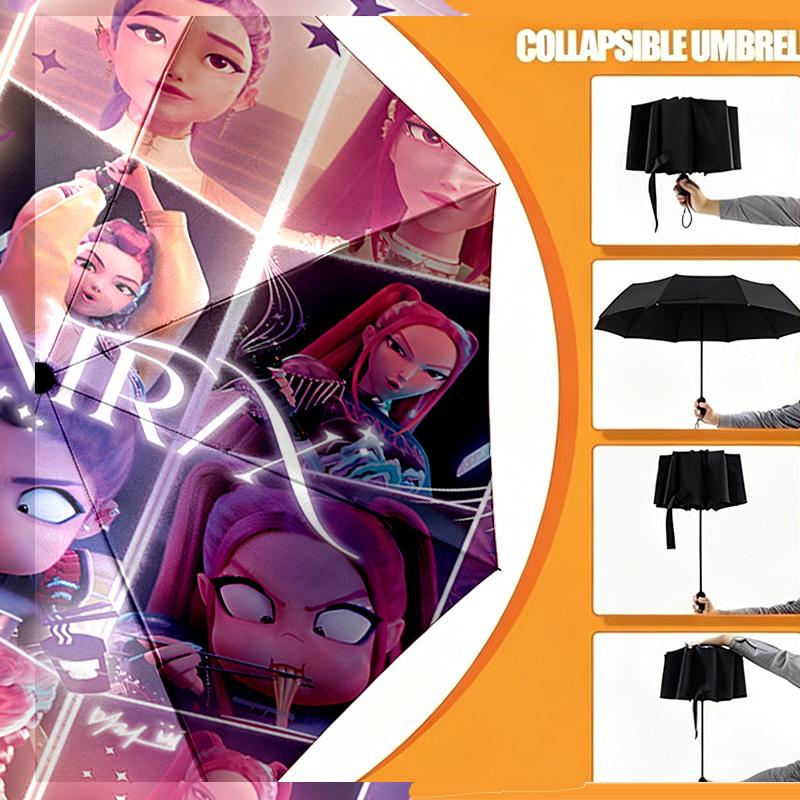Ombrello KPop Demon Hunters con Stampa Apertura/Chiusura Automatica - Design Pieghevole Portatile - Uso Quotidiano per Viaggi/Outdoor - Regalo per Compleanno