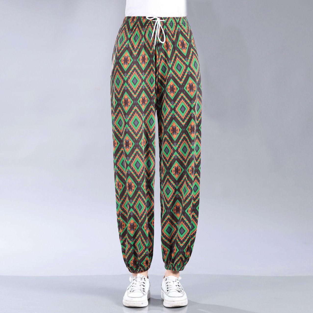 

Летние брюки-фонарики из ледяного шелка, женские, с высокой талией, эластичные, большого размера, брюки с цветочным принтом для мам, женские брюки среднего возраста, обтягивающие брюки 4XL