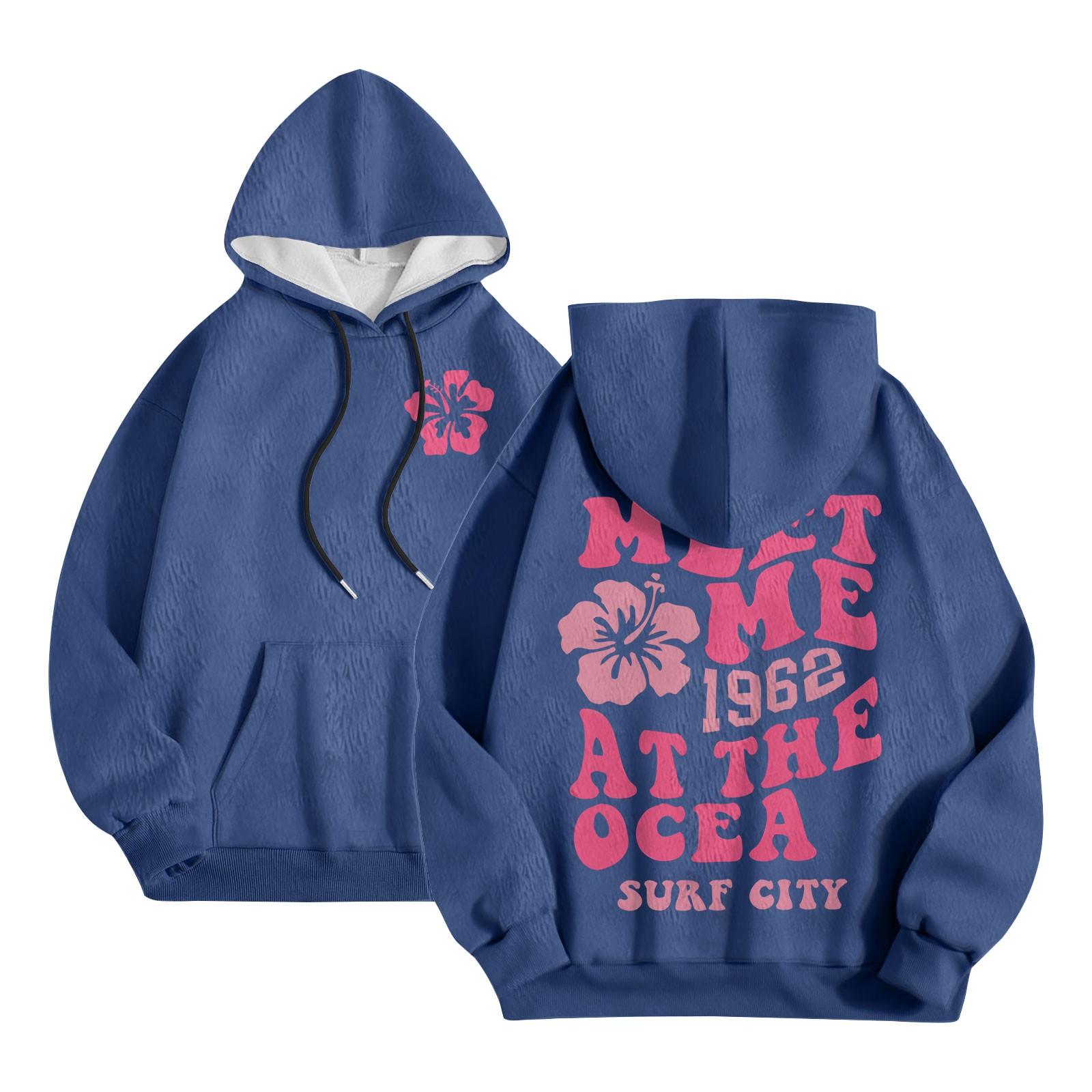 

Жіноча модна толстовка з довгим рукавом і літерним принтом із капюшоном і кишеньковими шнурками, плюшева толстовка XL