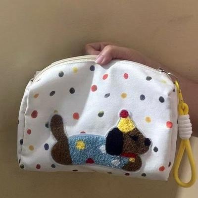 Cute Dog Embroidered Cosmetic Bag Women Canvas Makeup Bag Portable Zipper Toiletry Organizer Travel Storage Pouch