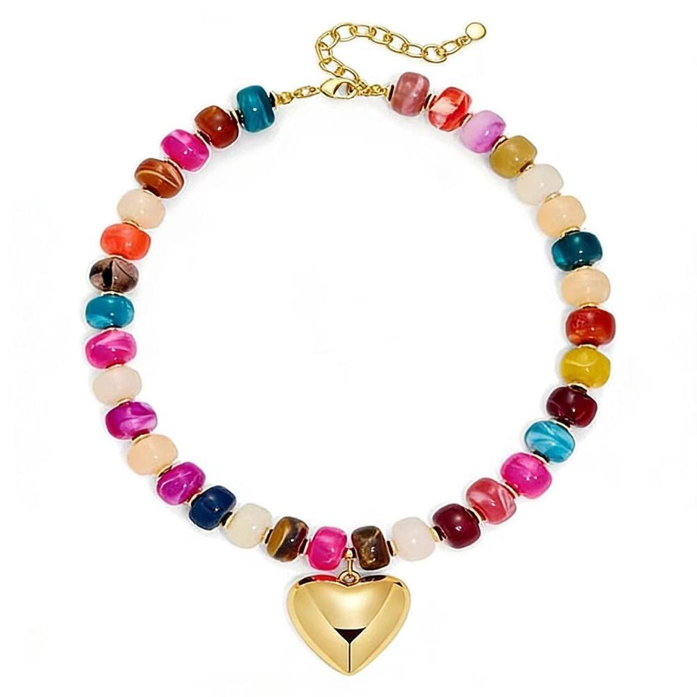 Zlatý nadýchaný přívěsek ve tvaru srdce Náhrdelník s masivními korálky Pryskyřičný korálkový barevný choker Náhrdelníky Ručně vyráběné krátké náhrdelníky pro ženy