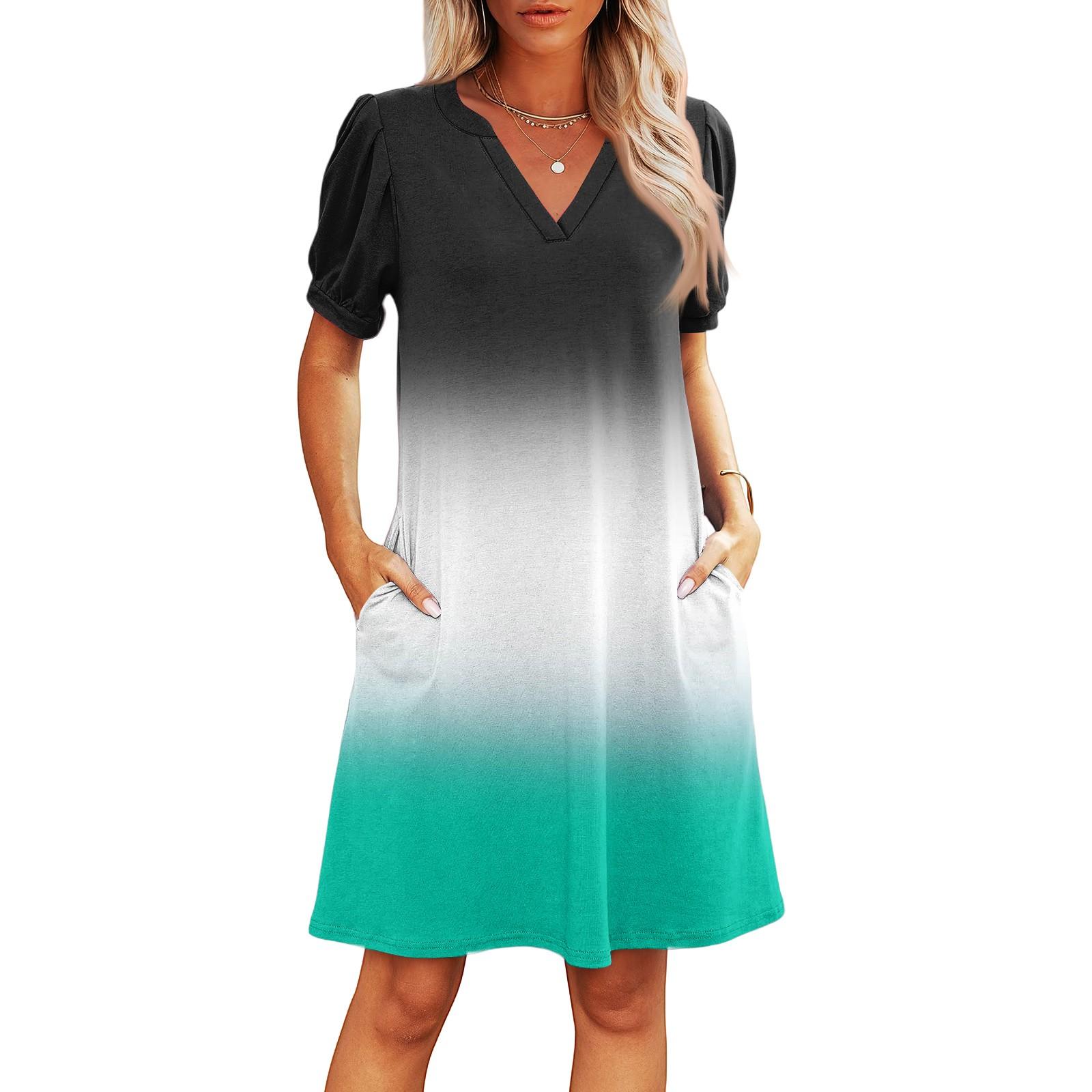 

Women s Summer V-Neck Casual Beach Dresses Pod Short Sleeve Gradient Printed Dresses L