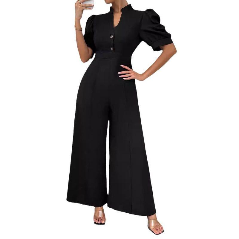 Elegant V-neck European and American Jumpsuit Women clothes Waist Hugging Short sleeve Wide Leg Pants Jumpsuit Women