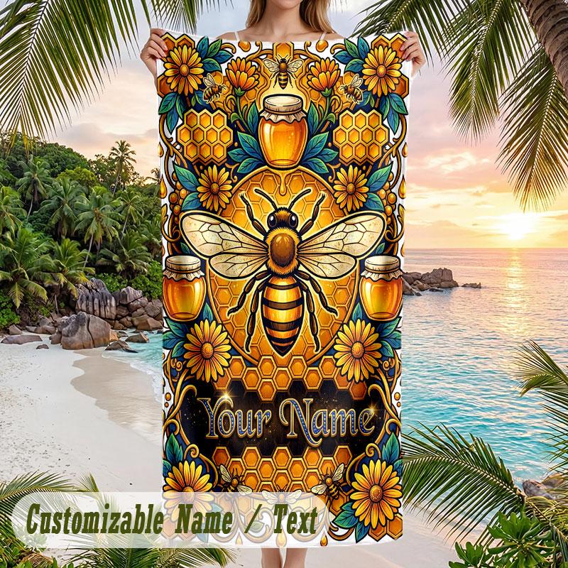 Golden Honey Bee Art Theme Quick Dry Beach Towel Custom Name Text Print Large Sand Resistant Towel Beach Vacation