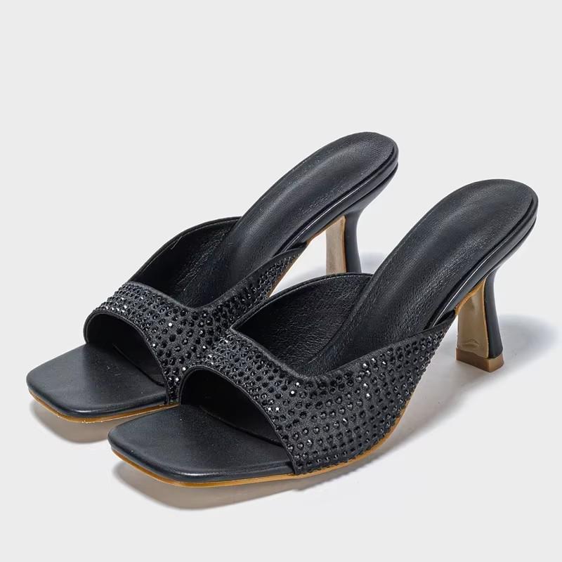 

Eilyken Summer Diamond Square Toe Slippers Women Low Heels Party Dress Slide Shoes Zapatos De Mujer 35 чорний