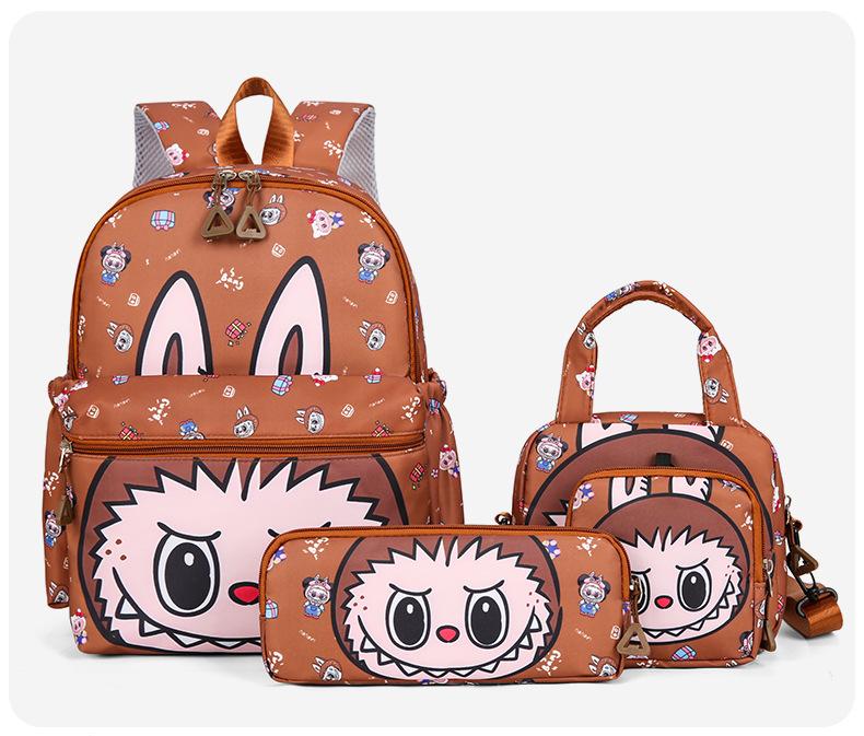 

School bag new backpack cartoon student four-in-one storage bag backpack four-piece fashion High quality fabric коричневий