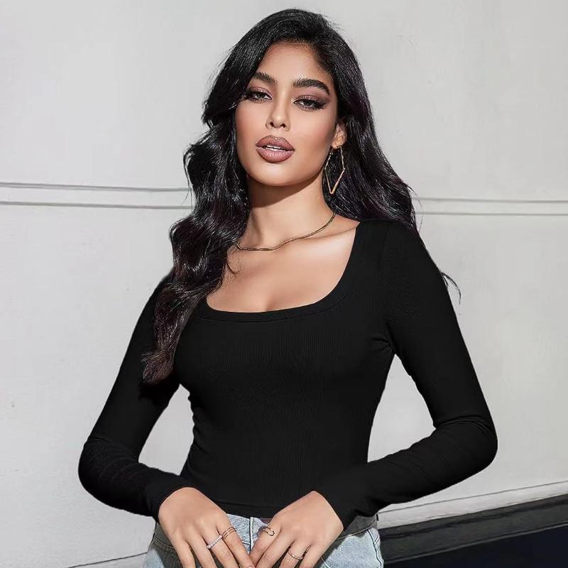 Women's Threaded Slim Fit Long Sleeve Square Neck T-shirt for Women S-XL Belly Button Top