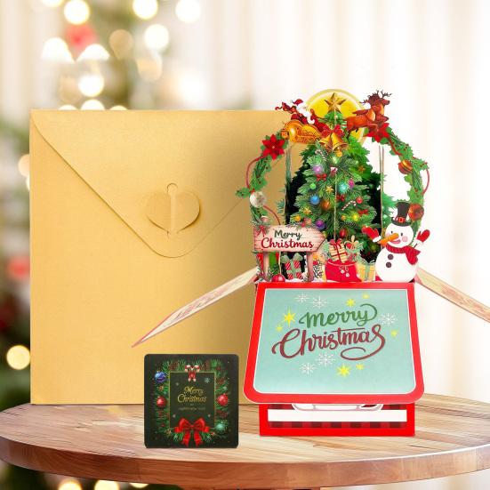 Decorative Winter Holiday Cards Pop Up Christmas Card with Envelope And Note Card, Merry Creative Paper Craft Greeting for New Year, Xmas Party Favors