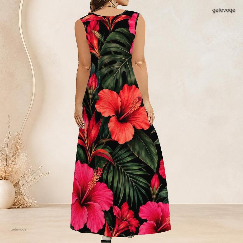 Women Plus Size Scoop Neck Sleeveless Printed Orange A Line Maxi Dress