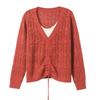Spring and summer casual V-neck fake two-piece top drawstring design elegant hollow long-sleeved knitted lace-up blouse