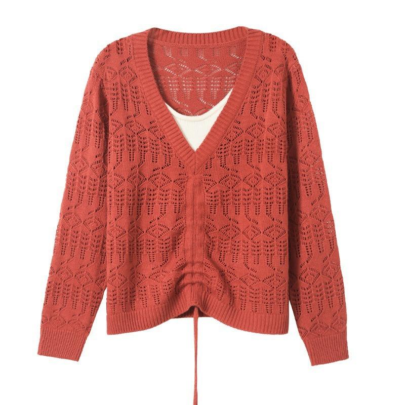 Spring and summer casual V-neck fake two-piece top drawstring design elegant hollow long-sleeved knitted lace-up blouse