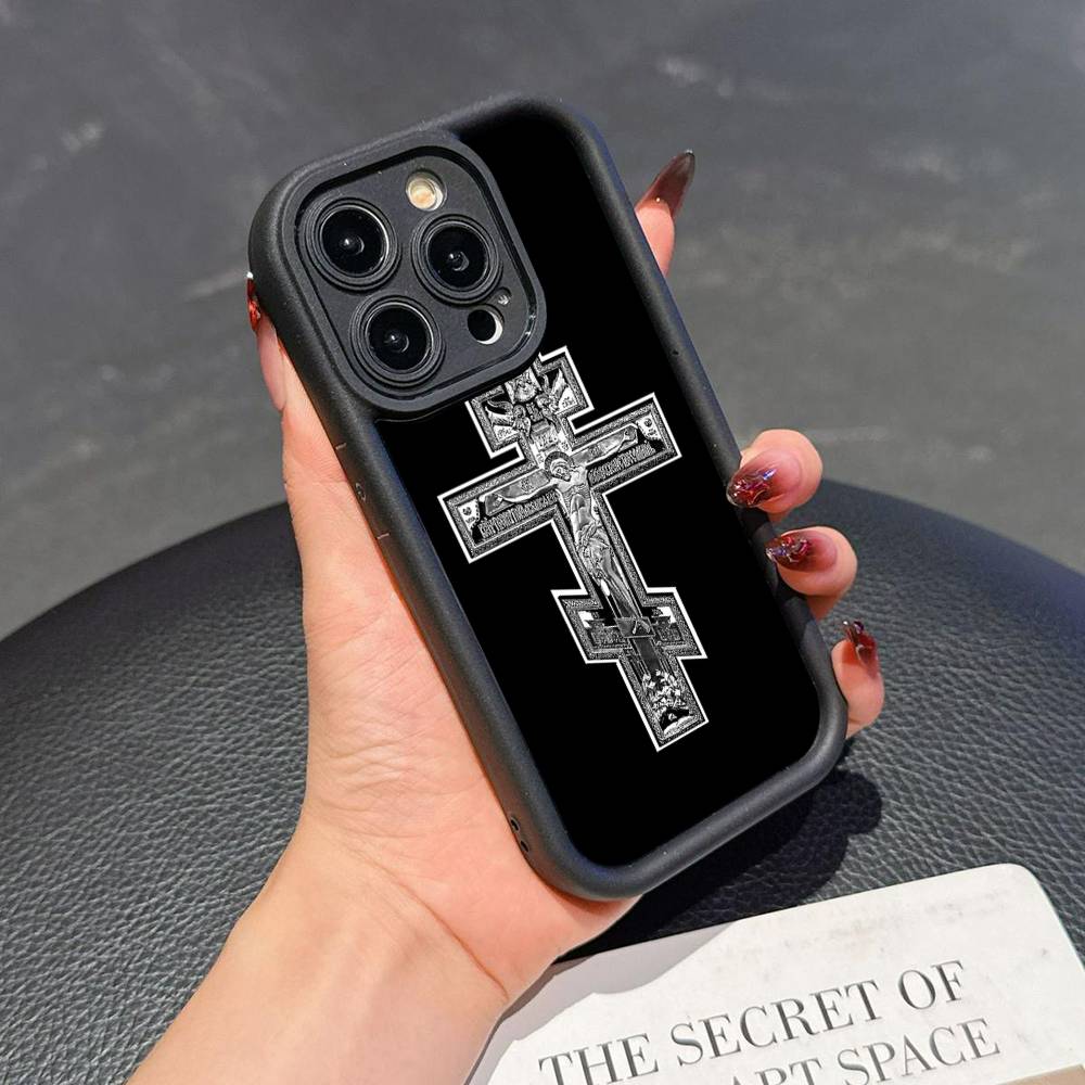 Orthdox Cross Icon For iPhone 17 16 15 14 13 12 11 Pro Max Plus Black Full Coverage TPU Shockproof Cover