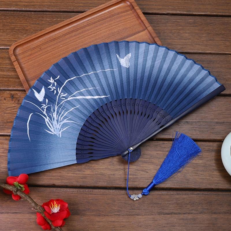 Vintage Chinese Cheongsams Folding Fan with Butterfly Flower Pattern Wood and Cotton Linen Handheld Fan with Tassels