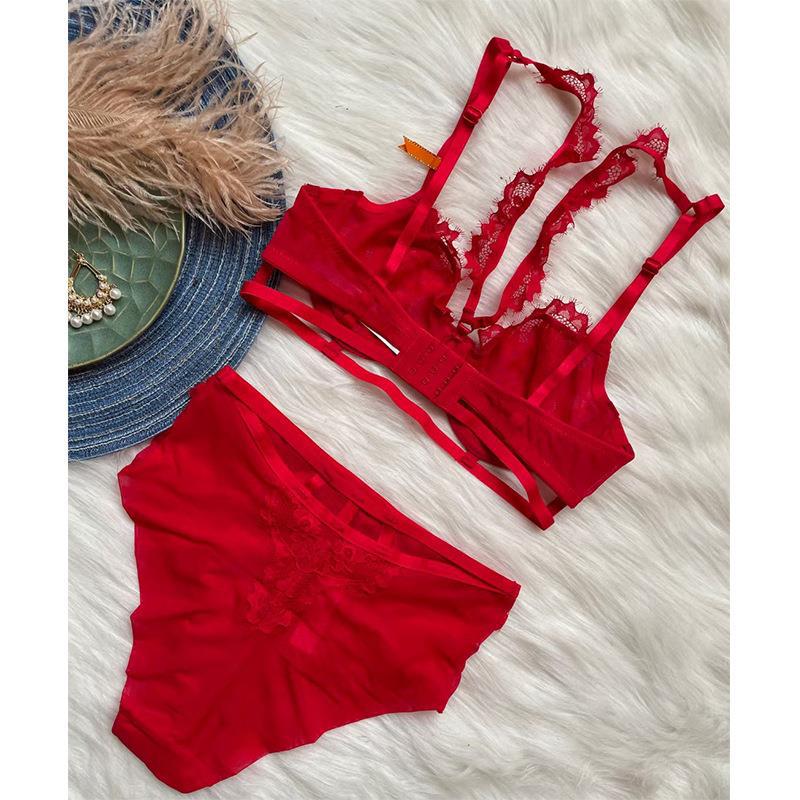 French sexy lingerie women's ultra-thin perspective beauty chest lace bra natal year red underwear set bra