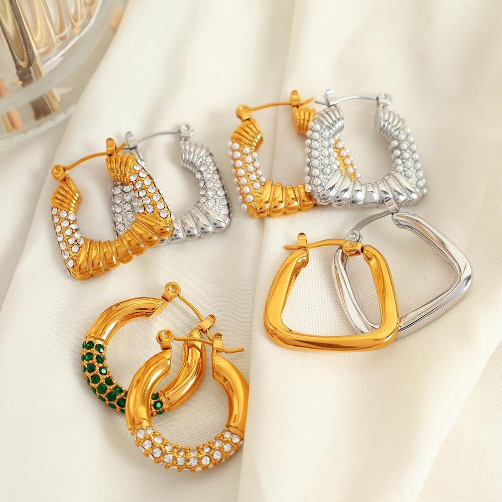 Light Luxury Personality Fashion Design High Sense Earrings Gold Plated Titanium Steel Geometric Zircon Inlaid Earrings